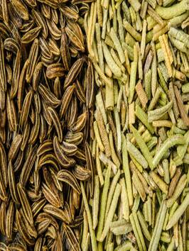 Dry rosemary leaves and caraway seeds.